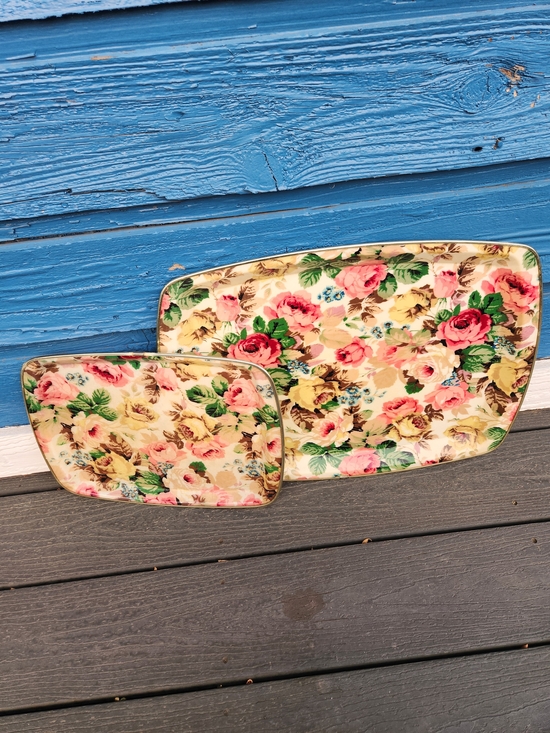 Other - Floral Rectangular Serving Trays - Pink & Green Rose Pattern